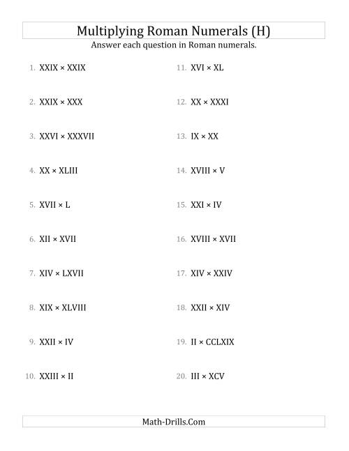 The Multiplying Roman Numerals up to M (H) Math Worksheet