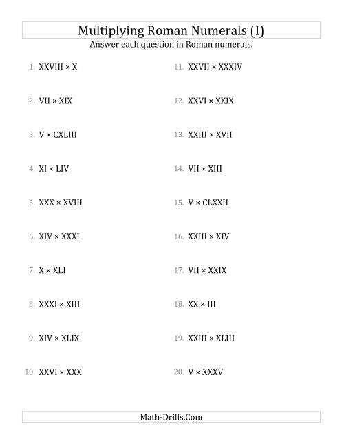 The Multiplying Roman Numerals up to M (I) Math Worksheet