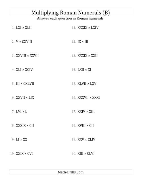 The Multiplying Roman Numerals up to MMMCMXCIX (B) Math Worksheet