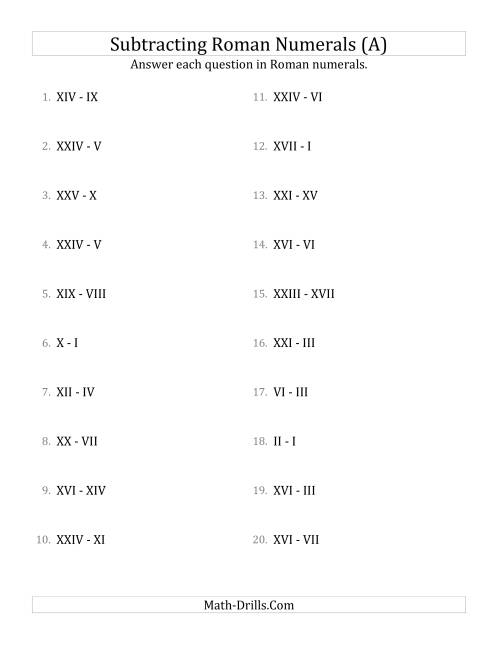 The Subtracting Roman Numerals up to XXV (A) Math Worksheet
