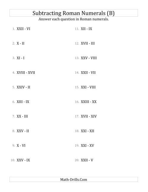 The Subtracting Roman Numerals up to XXV (B) Math Worksheet