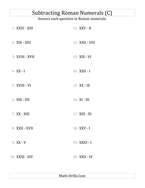 The Subtracting Roman Numerals up to XXV (C) Math Worksheet
