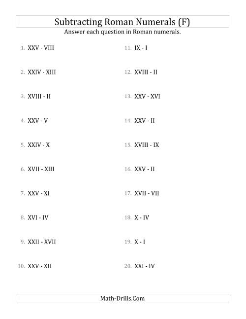 The Subtracting Roman Numerals up to XXV (F) Math Worksheet