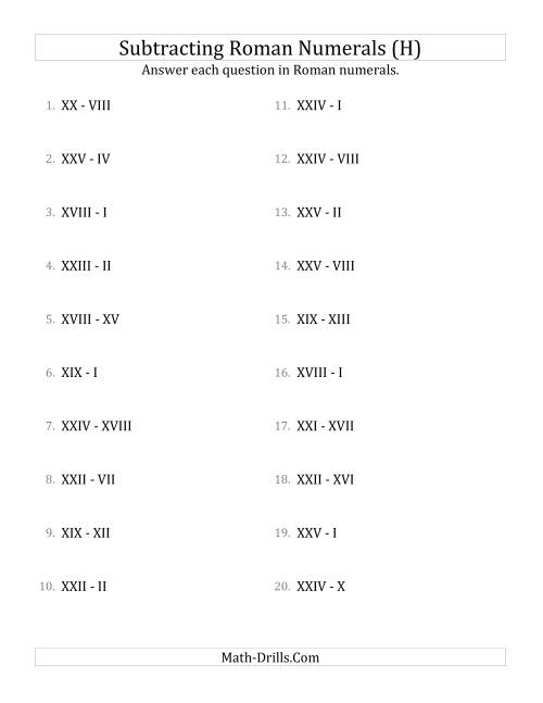 The Subtracting Roman Numerals up to XXV (H) Math Worksheet