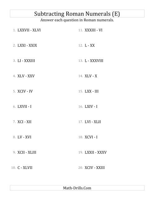The Subtracting Roman Numerals up to C (E) Math Worksheet