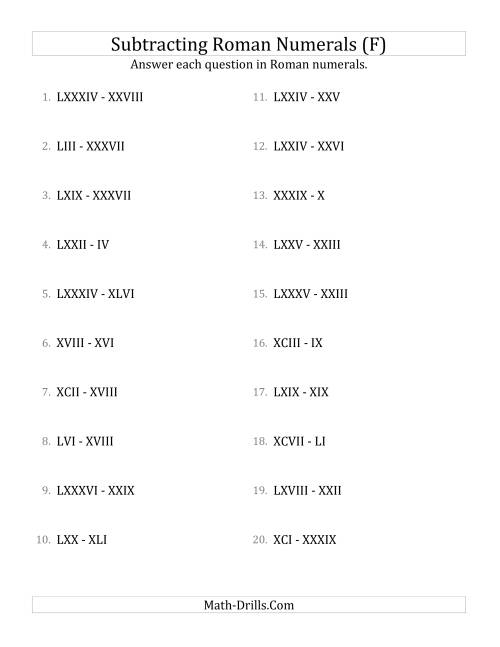 The Subtracting Roman Numerals up to C (F) Math Worksheet