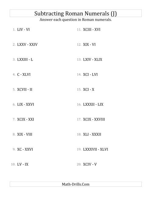 The Subtracting Roman Numerals up to C (J) Math Worksheet