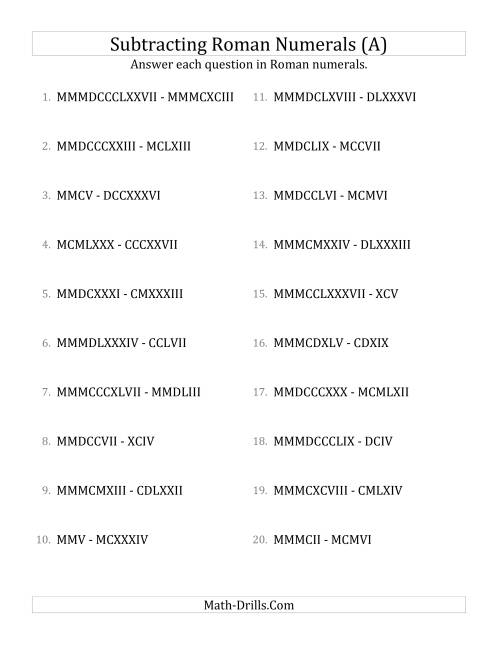 The Subtracting Roman Numerals up to MMMCMXCIX (A) Math Worksheet