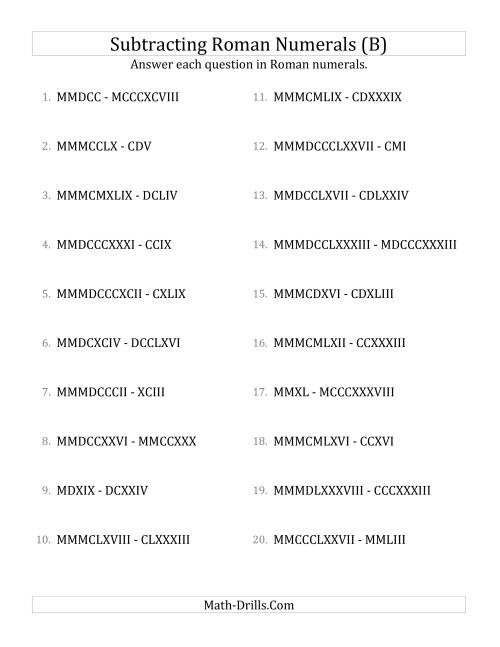 The Subtracting Roman Numerals up to MMMCMXCIX (B) Math Worksheet