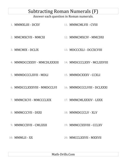 The Subtracting Roman Numerals up to MMMCMXCIX (F) Math Worksheet
