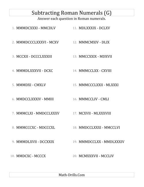 The Subtracting Roman Numerals up to MMMCMXCIX (G) Math Worksheet