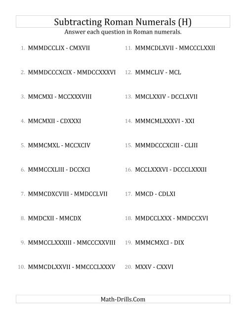The Subtracting Roman Numerals up to MMMCMXCIX (H) Math Worksheet