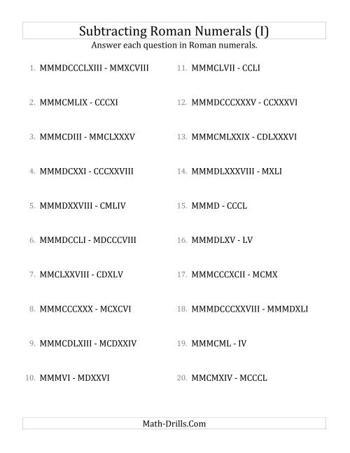 The Subtracting Roman Numerals up to MMMCMXCIX (I) Math Worksheet