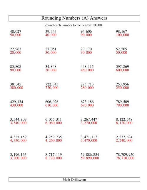 The Rounding Numbers to the Nearest 10,000 (U.S. Version) (All) Math Worksheet Page 2