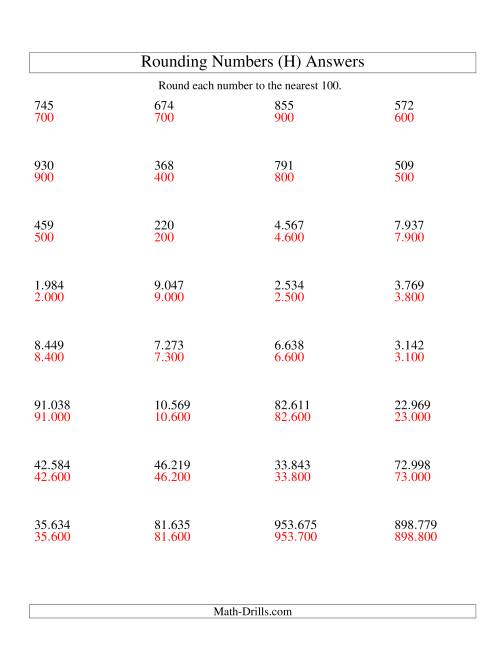 The Rounding Numbers to the Nearest 100 (Euro Version) (H) Math Worksheet Page 2