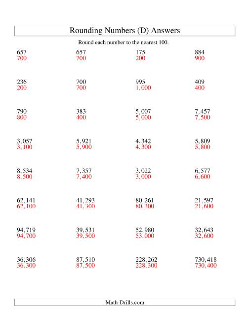 The Rounding Numbers to the Nearest 100 (U.S. Version) (D) Math Worksheet Page 2