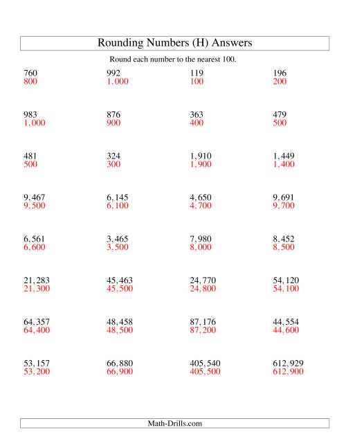 The Rounding Numbers to the Nearest 100 (U.S. Version) (H) Math Worksheet Page 2
