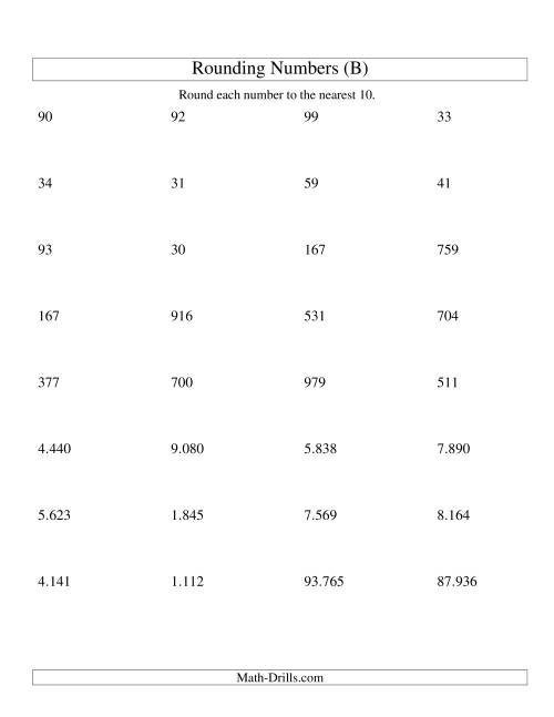 The Rounding Numbers to the Nearest 10 (Euro Version) (B) Math Worksheet