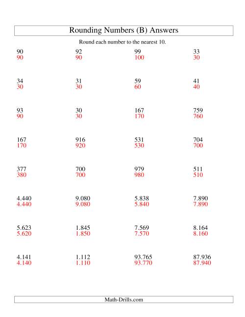 The Rounding Numbers to the Nearest 10 (Euro Version) (B) Math Worksheet Page 2
