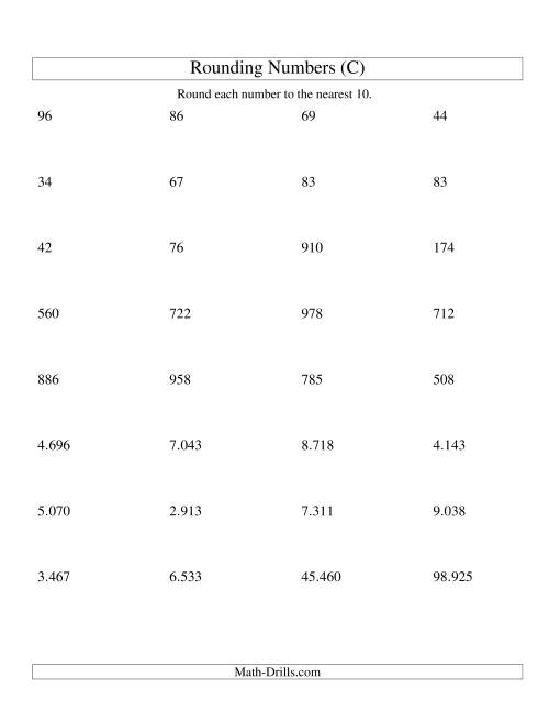 The Rounding Numbers to the Nearest 10 (Euro Version) (C) Math Worksheet