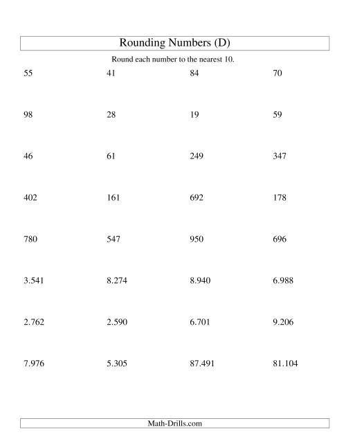 The Rounding Numbers to the Nearest 10 (Euro Version) (D) Math Worksheet