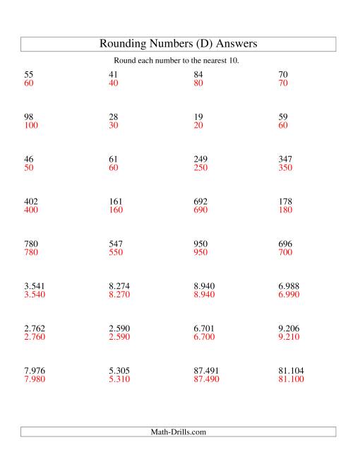 The Rounding Numbers to the Nearest 10 (Euro Version) (D) Math Worksheet Page 2