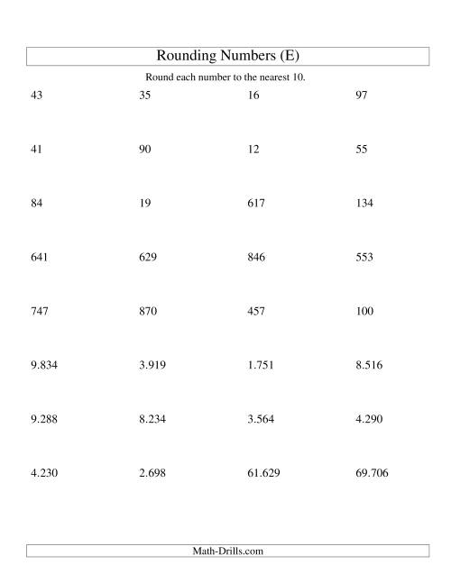 The Rounding Numbers to the Nearest 10 (Euro Version) (E) Math Worksheet