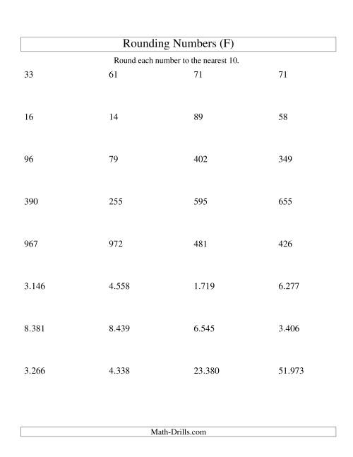 The Rounding Numbers to the Nearest 10 (Euro Version) (F) Math Worksheet