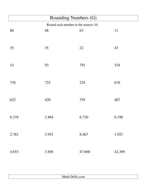 The Rounding Numbers to the Nearest 10 (Euro Version) (G) Math Worksheet