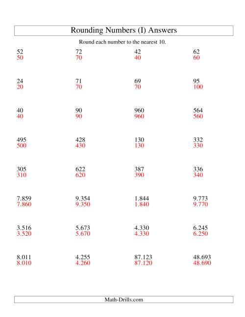 The Rounding Numbers to the Nearest 10 (Euro Version) (I) Math Worksheet Page 2