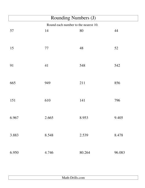 The Rounding Numbers to the Nearest 10 (Euro Version) (J) Math Worksheet