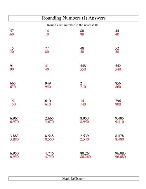 The Rounding Numbers to the Nearest 10 (Euro Version) (J) Math Worksheet Page 2