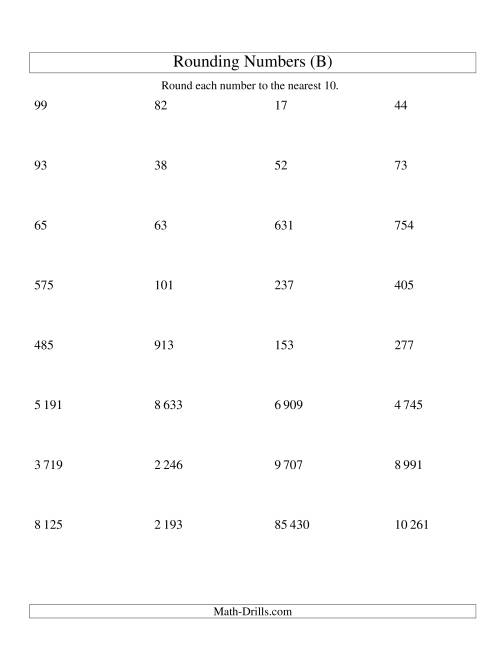 The Rounding Numbers to the Nearest 10 (SI Version) (B) Math Worksheet