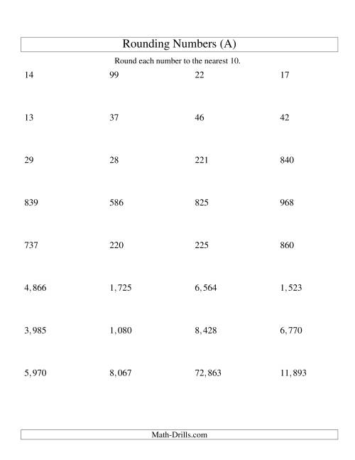 The Rounding Numbers to the Nearest 10 (U.S. Version) (A) Math Worksheet