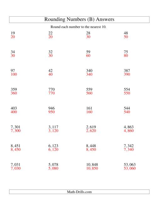 The Rounding Numbers to the Nearest 10 (U.S. Version) (B) Math Worksheet Page 2