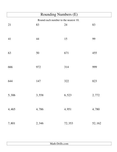 The Rounding Numbers to the Nearest 10 (U.S. Version) (E) Math Worksheet