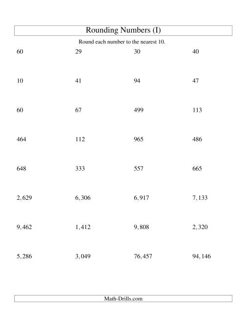 The Rounding Numbers to the Nearest 10 (U.S. Version) (I) Math Worksheet