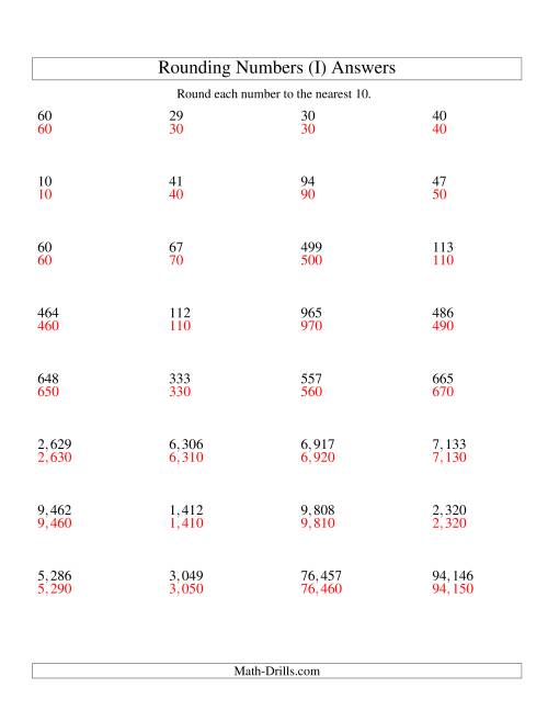 The Rounding Numbers to the Nearest 10 (U.S. Version) (I) Math Worksheet Page 2