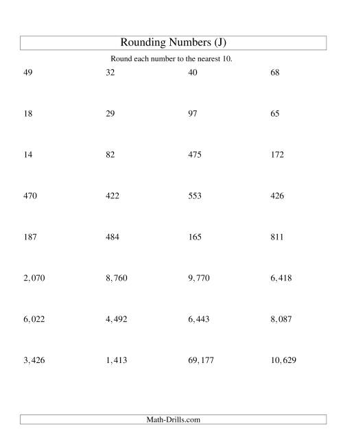 The Rounding Numbers to the Nearest 10 (U.S. Version) (J) Math Worksheet