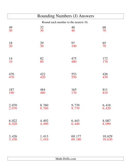 The Rounding Numbers to the Nearest 10 (U.S. Version) (J) Math Worksheet Page 2