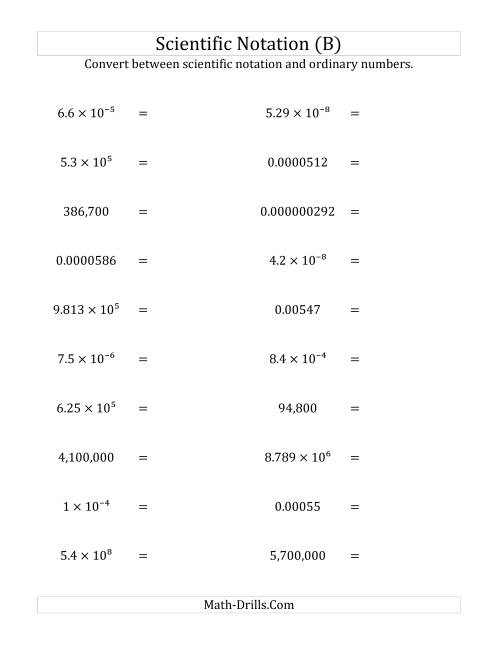 The Converting Between Scientific Notation and Ordinary Numbers (B) Math Worksheet