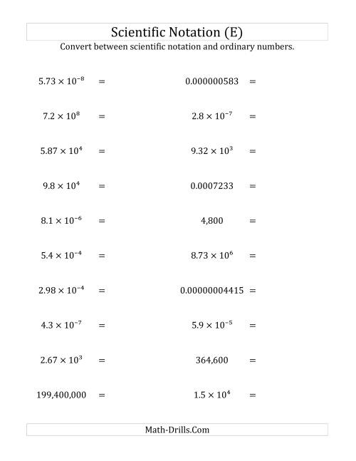 The Converting Between Scientific Notation and Ordinary Numbers (E) Math Worksheet