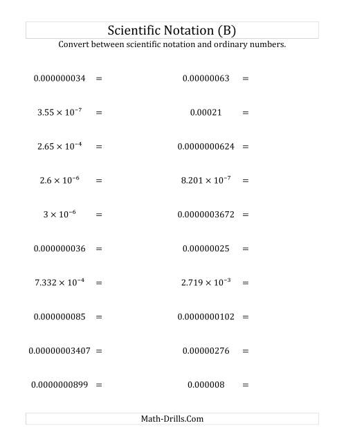 The Converting Between Scientific Notation and Ordinary Numbers (Small Only) (B) Math Worksheet