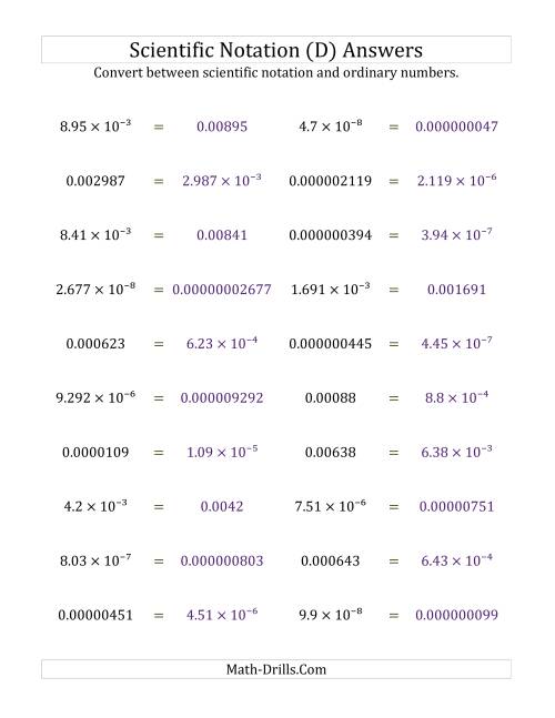 The Converting Between Scientific Notation and Ordinary Numbers (Small Only) (D) Math Worksheet Page 2