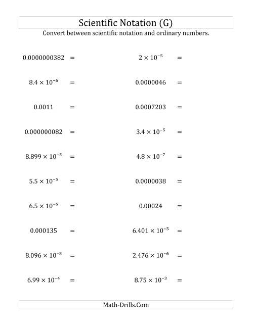 The Converting Between Scientific Notation and Ordinary Numbers (Small Only) (G) Math Worksheet
