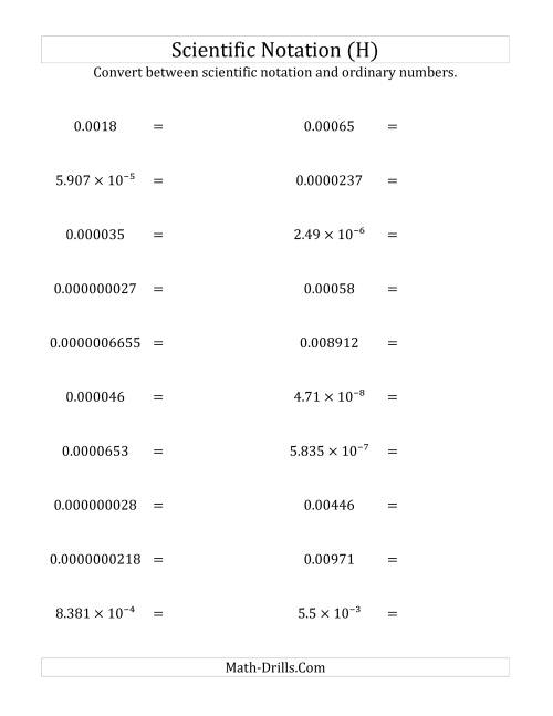 The Converting Between Scientific Notation and Ordinary Numbers (Small Only) (H) Math Worksheet