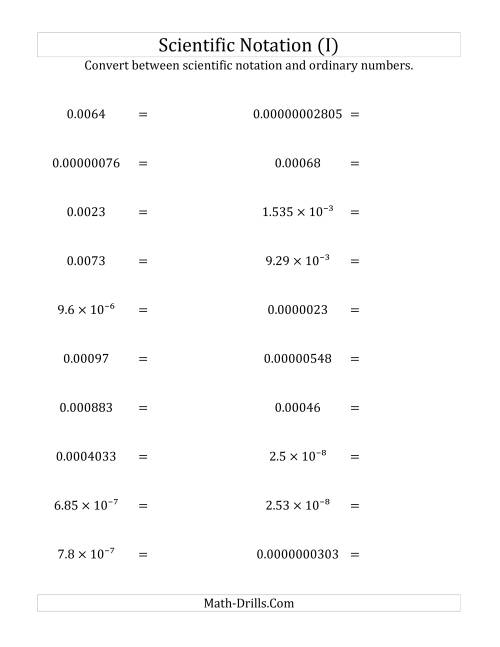 The Converting Between Scientific Notation and Ordinary Numbers (Small Only) (I) Math Worksheet