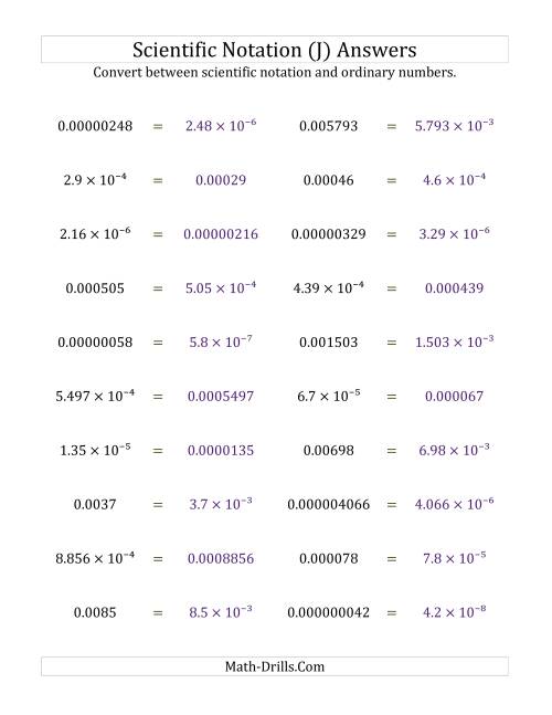 The Converting Between Scientific Notation and Ordinary Numbers (Small Only) (J) Math Worksheet Page 2