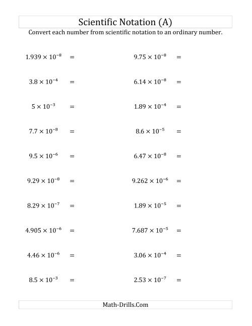 The Converting Scientific Notation to Ordinary Numbers (Small Only) (A) Math Worksheet