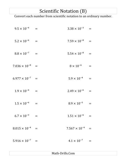 The Converting Scientific Notation to Ordinary Numbers (Small Only) (B) Math Worksheet